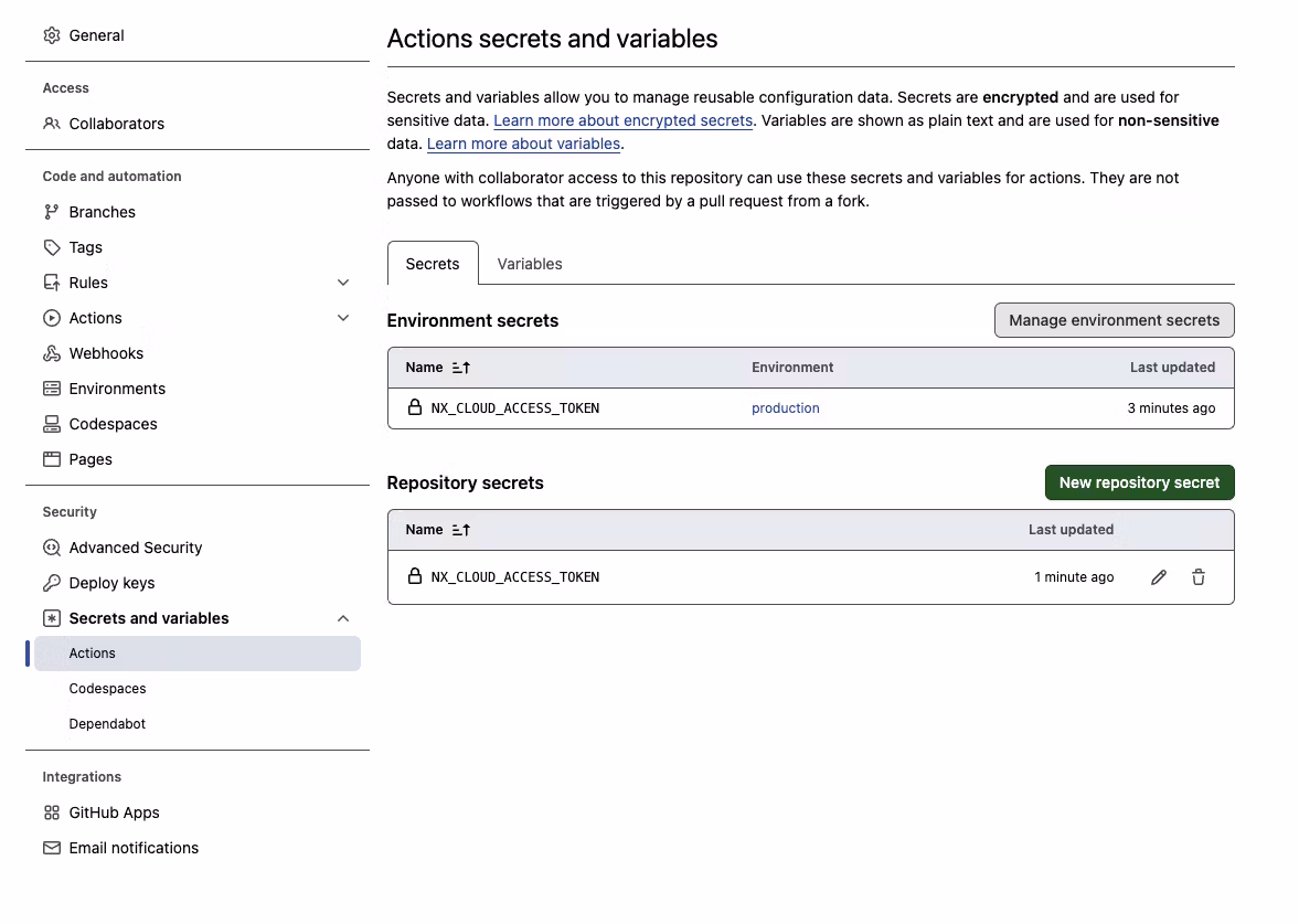 overview of GitHub Action secret configuration settings with environments set